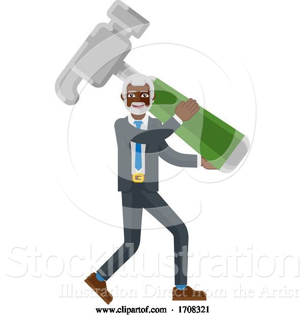 Vector Illustration of Cartoon Mature Black Businessman Holding Hammer Mascot