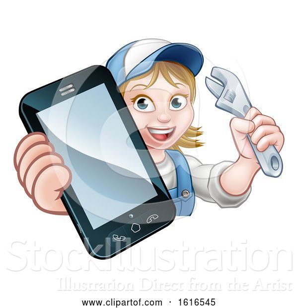 Vector Illustration of Cartoon Mechanic Plumber Handyman Phone Concept