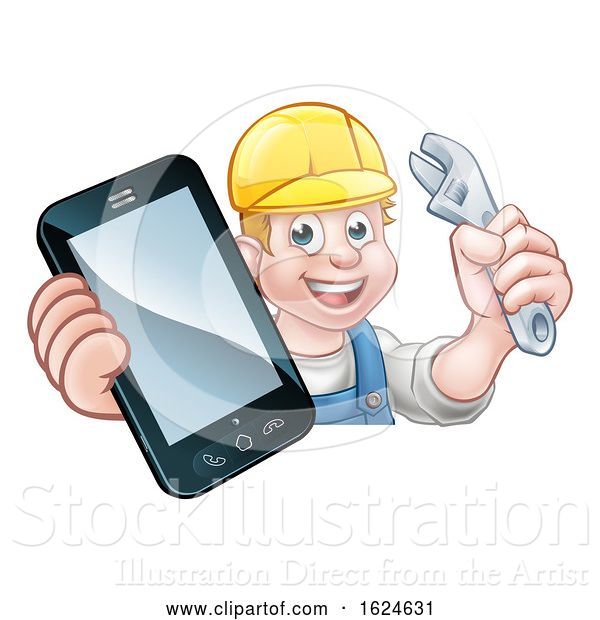 Vector Illustration of Cartoon Mechanic Plumber Handyman Phone Concept