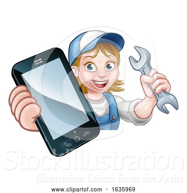 Vector Illustration of Cartoon Mechanic Plumber Handyman Phone Concept