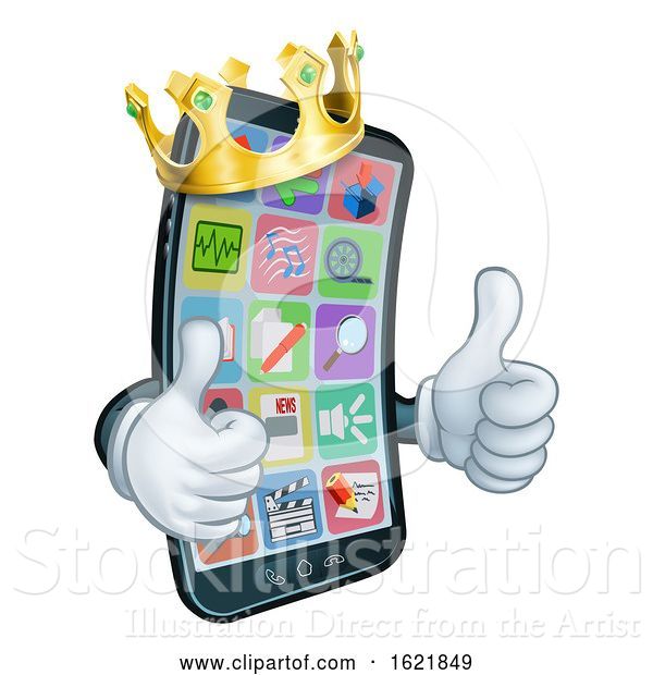 Vector Illustration of Cartoon Mobile Phone King Crown Thumbs up Mascot