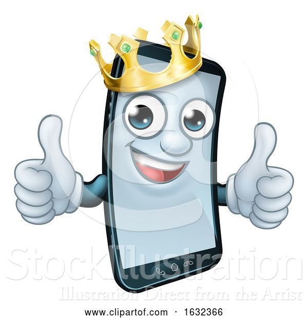 Vector Illustration of Cartoon Mobile Phone King Crown Thumbs up Mascot