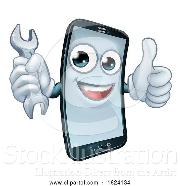 Vector Illustration of Cartoon Mobile Phone Repair Spanner Thumbs up Mascot