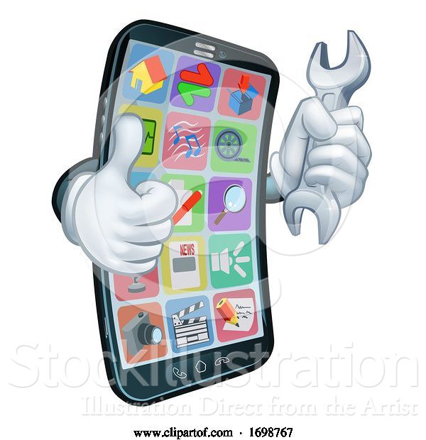 Vector Illustration of Cartoon Mobile Phone Repair Spanner Thumbs up Mascot