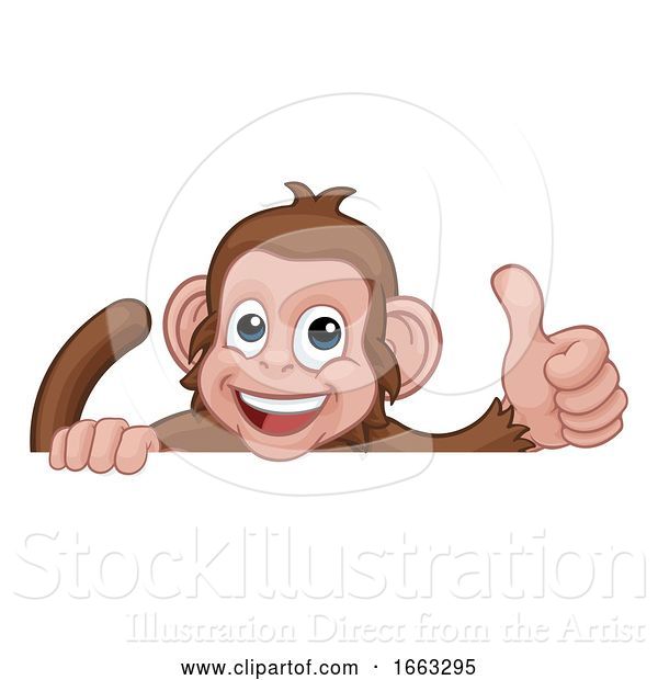 Vector Illustration of Cartoon Monkey Animal Behind Sign Giving Thumbs up