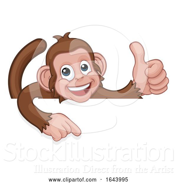 Vector Illustration of Cartoon Monkey Animal Pointing Thumbs up Sign