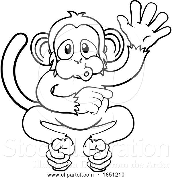 Vector Illustration of Cartoon Monkey Animal Waving and Pointing