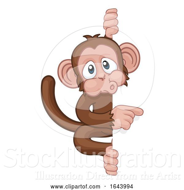 Vector Illustration of Cartoon Monkey Character Animal Pointing at Sign