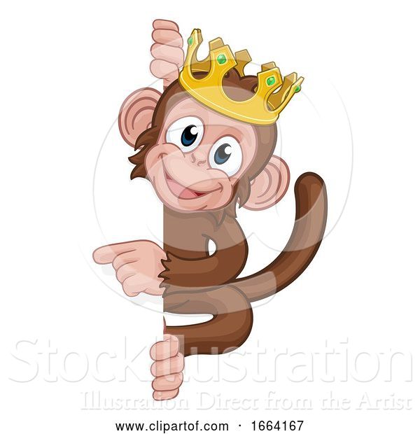 Vector Illustration of Cartoon Monkey King Crown Animal Pointing at Sign