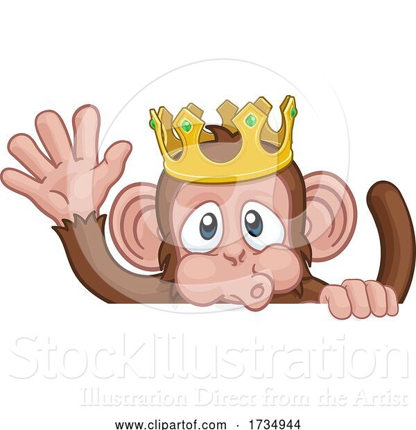 Vector Illustration of Cartoon Monkey King Crown Animal Sign Waving