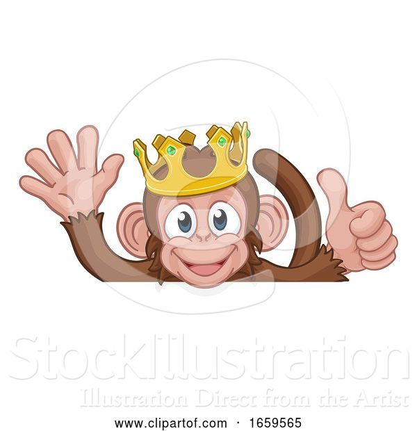 Vector Illustration of Cartoon Monkey King Crown Thumbs up Waving Sign Cartoon