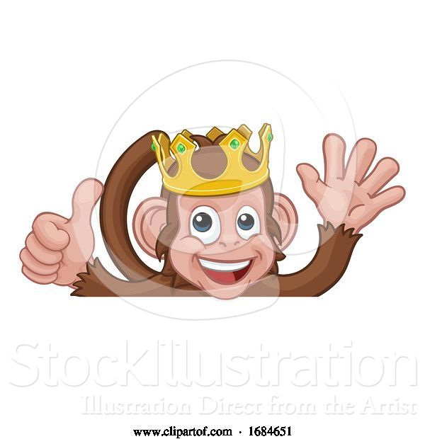 Vector Illustration of Cartoon Monkey King Crown Thumbs up Waving Sign Cartoon