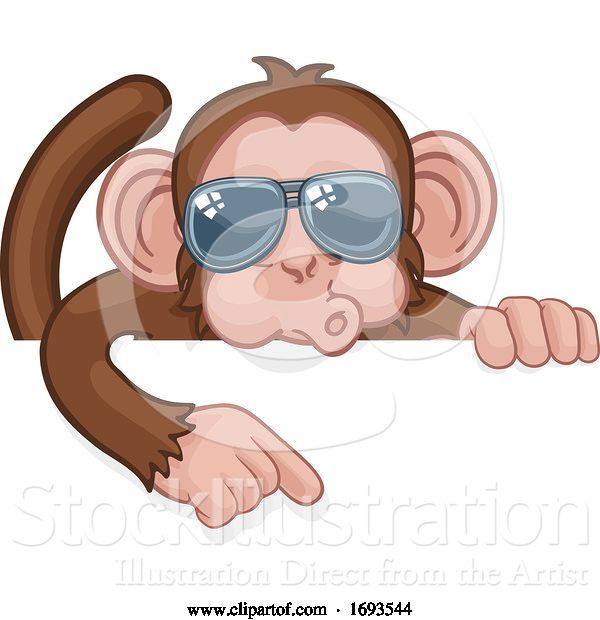 Vector Illustration of Cartoon Monkey Sunglasses Animal Pointing at Sign