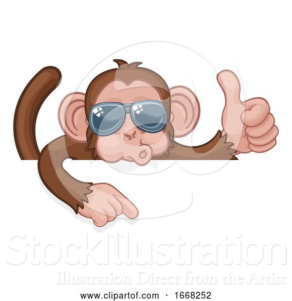 Vector Illustration of Cartoon Monkey Sunglasses Thumbs up Pointing Sign Cartoon