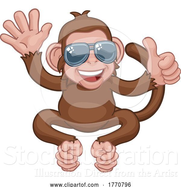 Vector Illustration of Cartoon Monkey Sunglasses Waving Thumbs up Animal