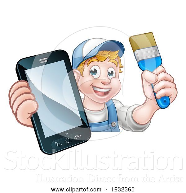 Vector Illustration of Cartoon Painter Decorator Handyman Phone Concept