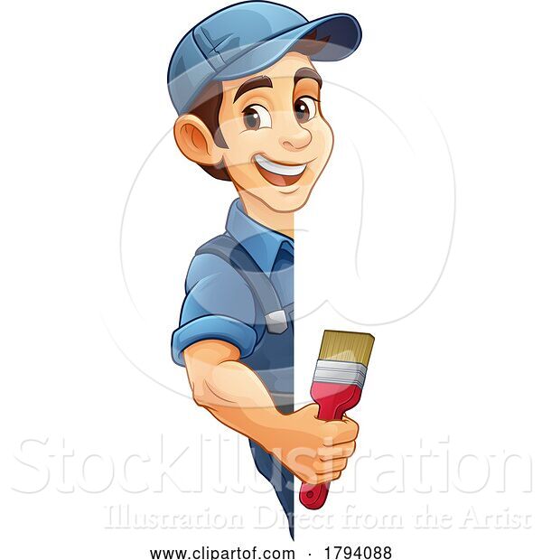 Vector Illustration of Cartoon Painter Decorator Paint Brush Handy Guy