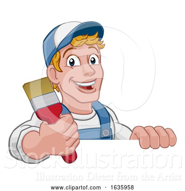 Vector Illustration of Cartoon Painter Decorator Paintbrush Handyman Guy