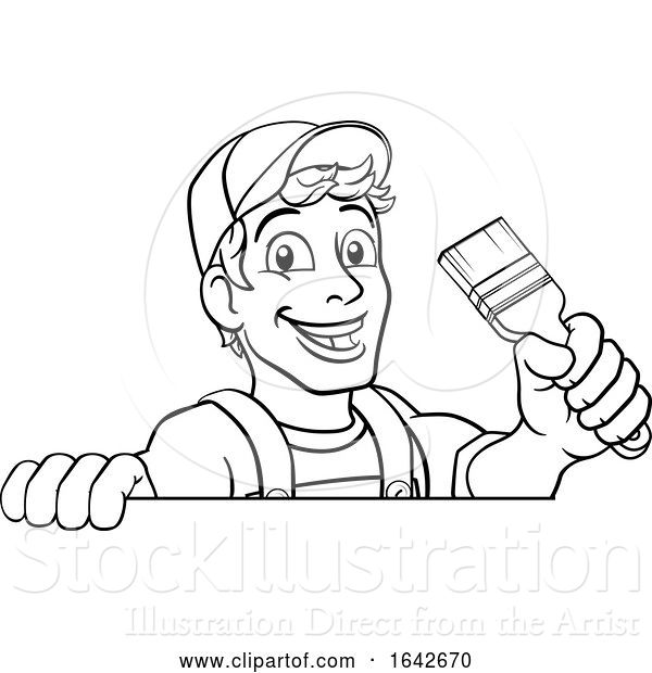 Vector Illustration of Cartoon Painter Decorator Paintbrush Handyman Guy