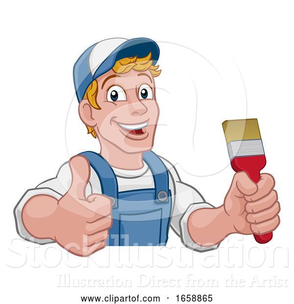 Vector Illustration of Cartoon Painter Decorator Paintbrush Handyman Guy