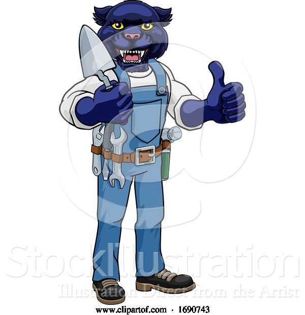 Vector Illustration of Cartoon Panther Bricklayer Builder Holding Trowel Tool