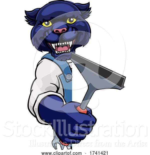 Vector Illustration of Cartoon Panther Car or Window Cleaner Holding Squeegee