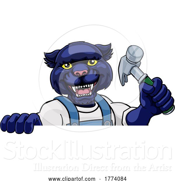 Vector Illustration of Cartoon Panther Carpenter Handyman Builder Holding Hammer