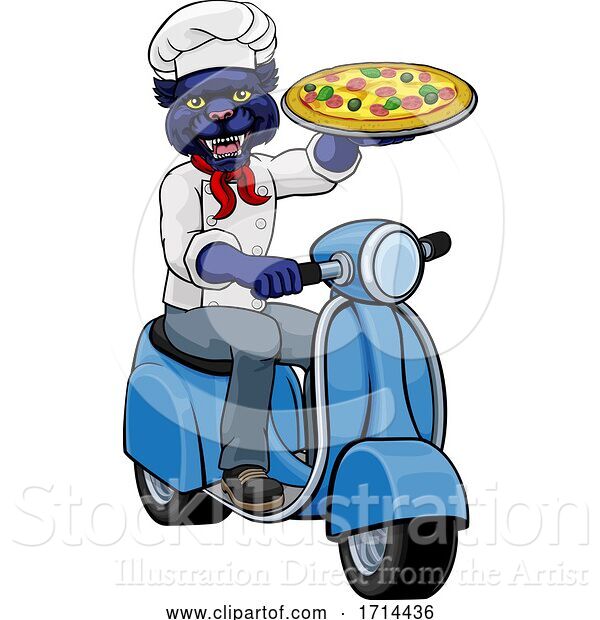 Vector Illustration of Cartoon Panther Chef Pizza Restaurant Delivery Scooter