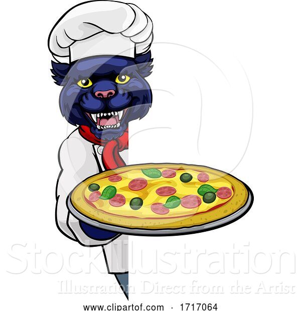 Vector Illustration of Cartoon Panther Pizza Chef Restaurant Mascot Sign