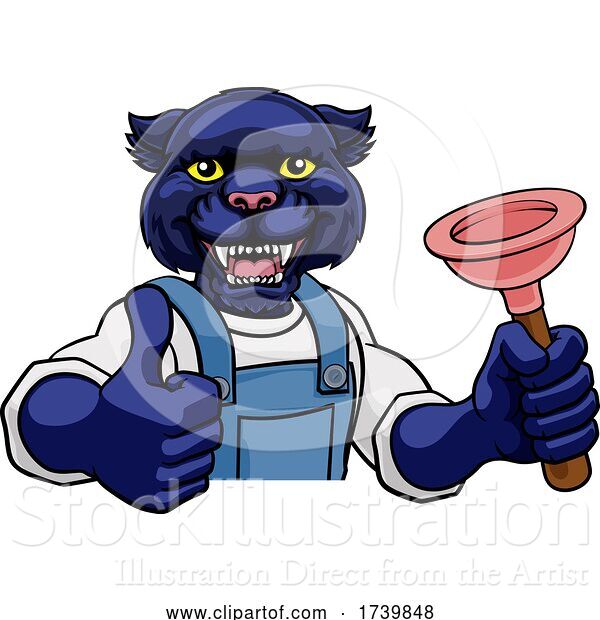 Vector Illustration of Cartoon Panther Plumber Mascot Holding Plunger