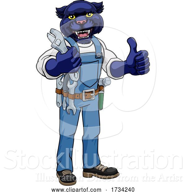 Vector Illustration of Cartoon Panther Plumber or Mechanic Holding Spanner