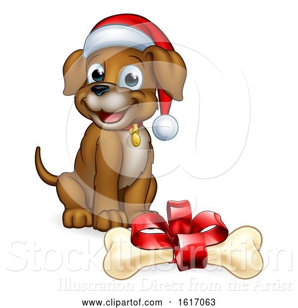 Vector Illustration of Cartoon Pet Dog in Christmas Santa Claus Hat and Gift Bone