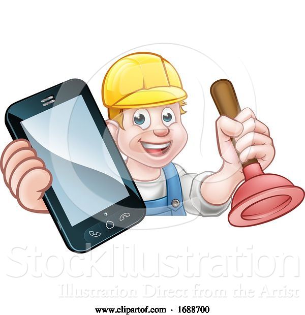 Vector Illustration of Cartoon Plumber Handyman Phone Concept