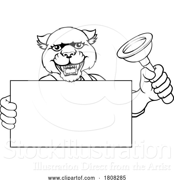 Vector Illustration of Cartoon Plumber Panther Plunger Plumbing Mascot