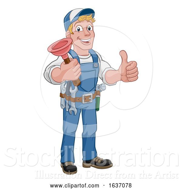 Vector Illustration of Cartoon Plumber Plumbing Drain Plunger Handyman