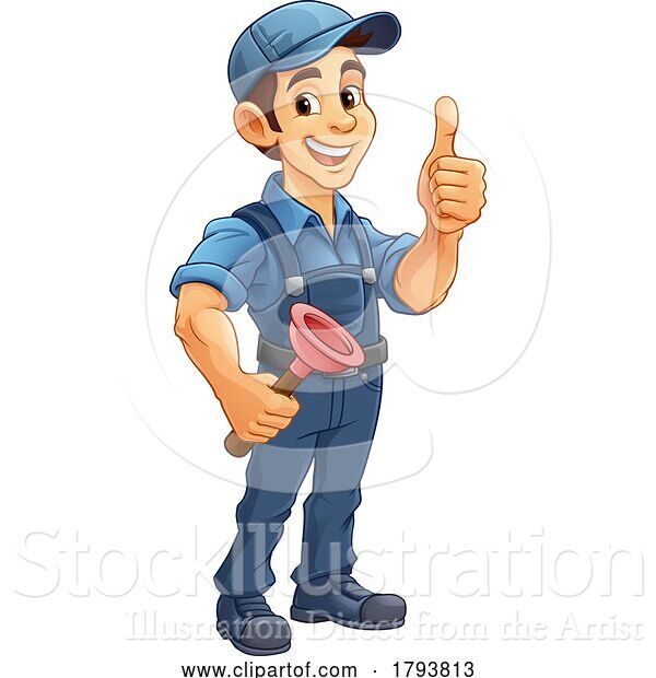 Vector Illustration of Cartoon Plumber Plunger Tool Plumbing Guy Handyman
