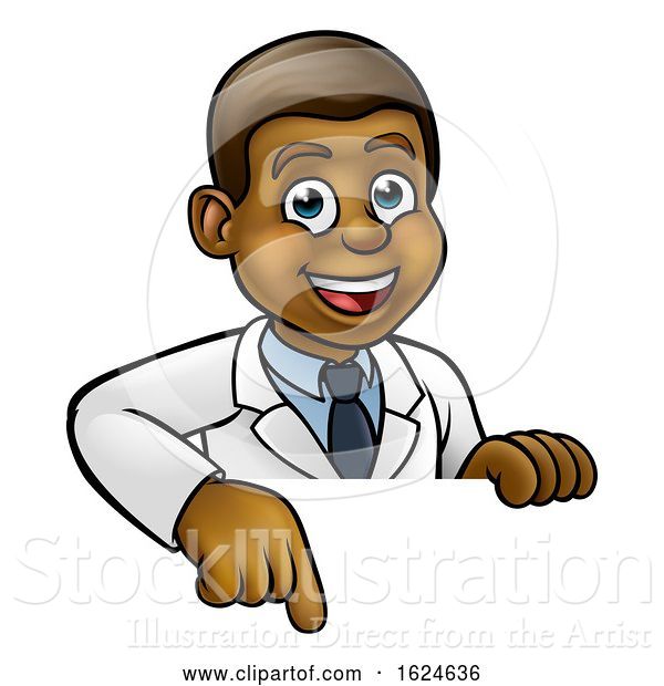 Vector Illustration of Cartoon Pointing Scientist Character Sign