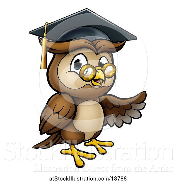 Vector Illustration of Cartoon Presenting Wise Professor Owl with Glasses and Graduation Cap