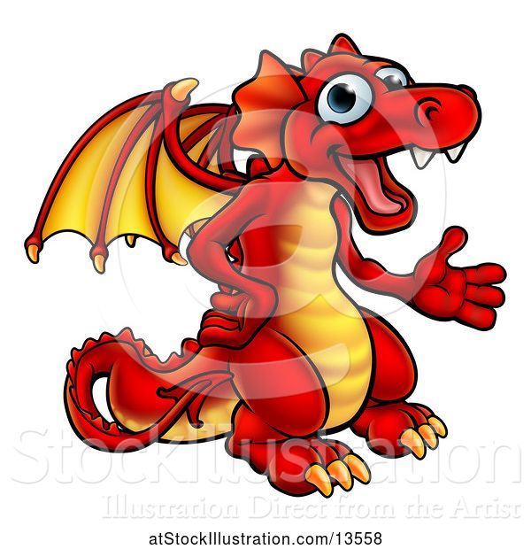 Vector Illustration of Cartoon Red Dragon Presenting