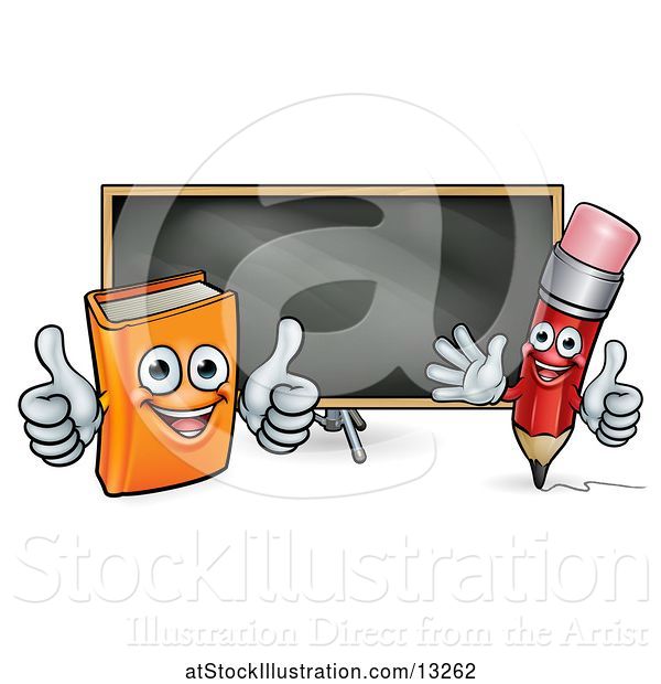 Vector Illustration of Cartoon Red Pencil and Orange Book in Front of a Blackboard