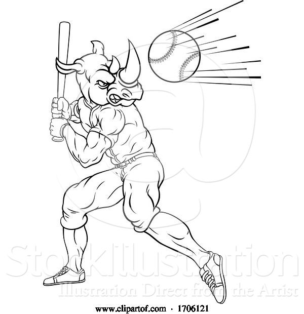 Vector Illustration of Cartoon Rhino Baseball Player Mascot Swinging Bat at Ball