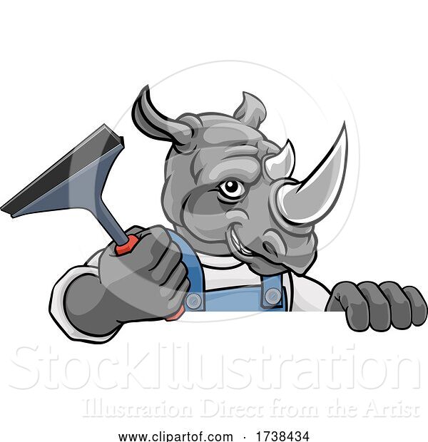 Vector Illustration of Cartoon Rhino Car or Window Cleaner Holding Squeegee