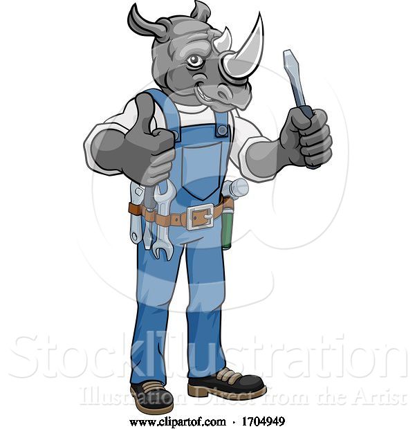 Vector Illustration of Cartoon Rhino Electrician Handyman Holding Screwdriver