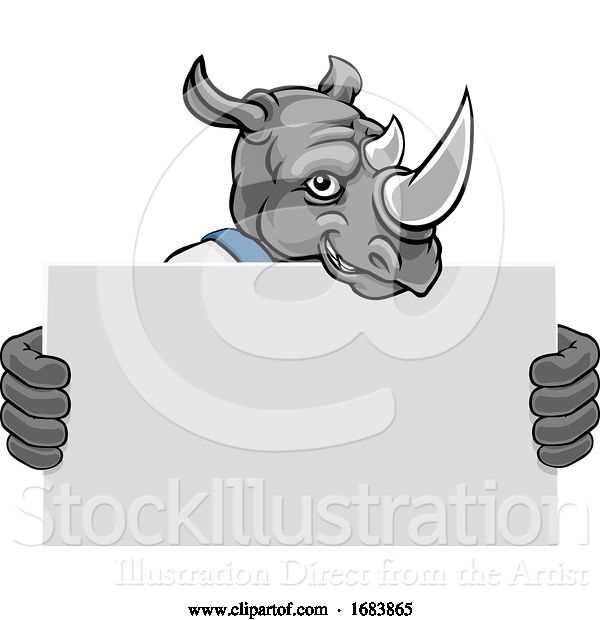 Vector Illustration of Cartoon Rhino Mascot Handyman Holding Sign