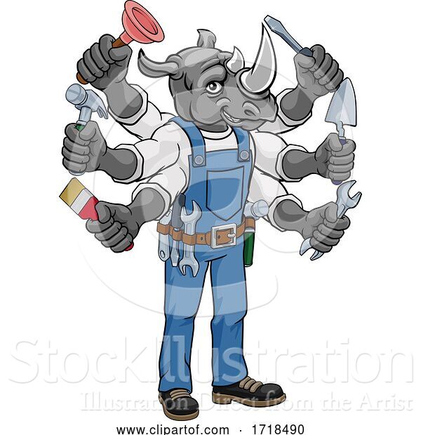Vector Illustration of Cartoon Rhino Multitasking Handyman Holding Tools