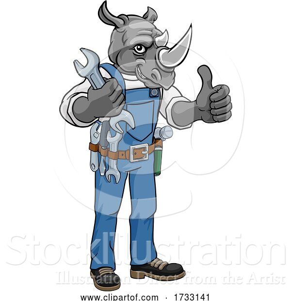 Vector Illustration of Cartoon Rhino Plumber or Mechanic Holding Spanner