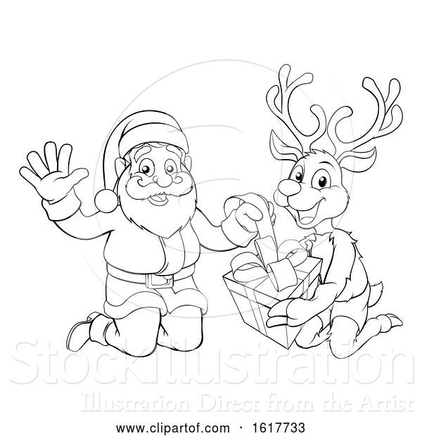 Vector Illustration of Cartoon Santa and His Reindeer Opening Christmas Gift