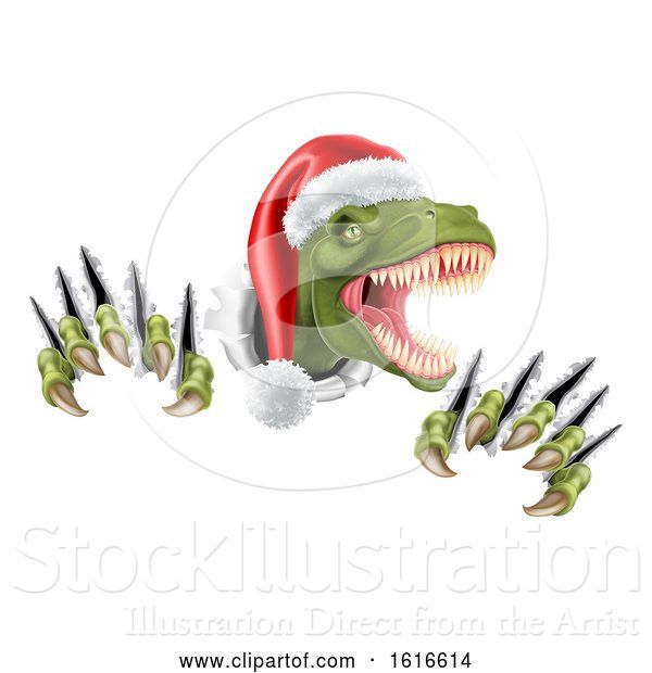 Vector Illustration of Cartoon Santa Christmas Hat T Rex Dinosaur