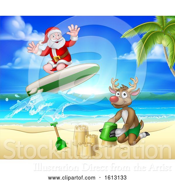 Vector Illustration of Cartoon Santa Claus and Reindeer Christmas Beach Scene