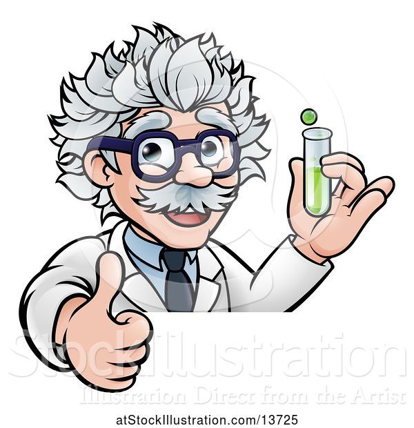 Vector Illustration of Cartoon Senior Male Scientist Giving a Thumb up and Holding a Test Tube over a Sign